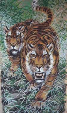 Two tigers silk painting