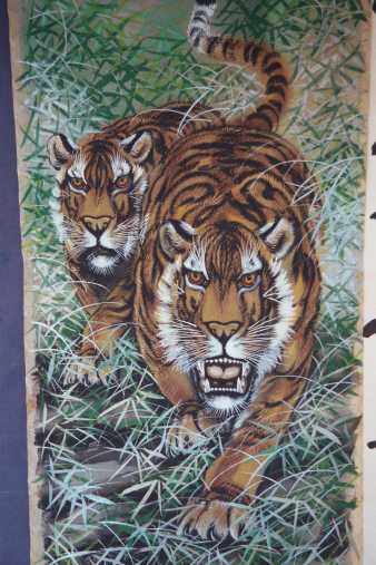 Two tigers silk painting